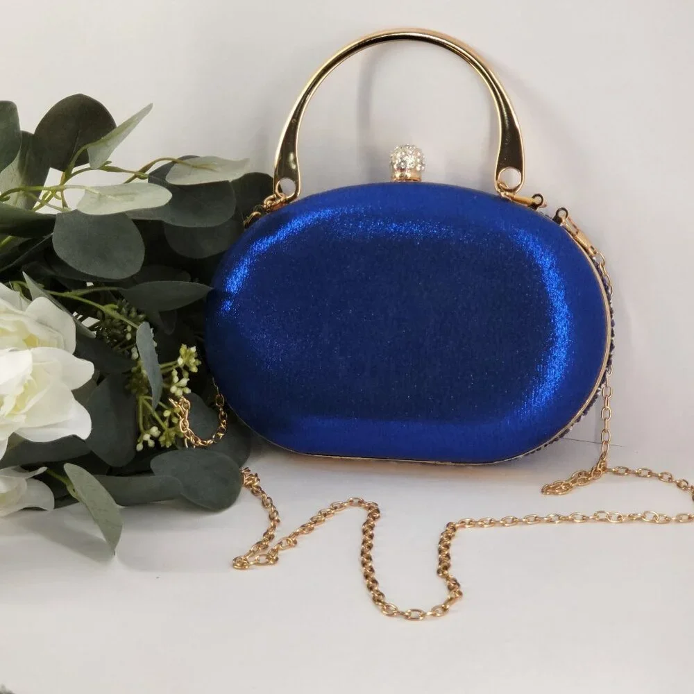 Blue Crystal Embellished Evening Clutch Bag Gold Handle & Chain Strap By RAMLA! - Picture 4 of 11